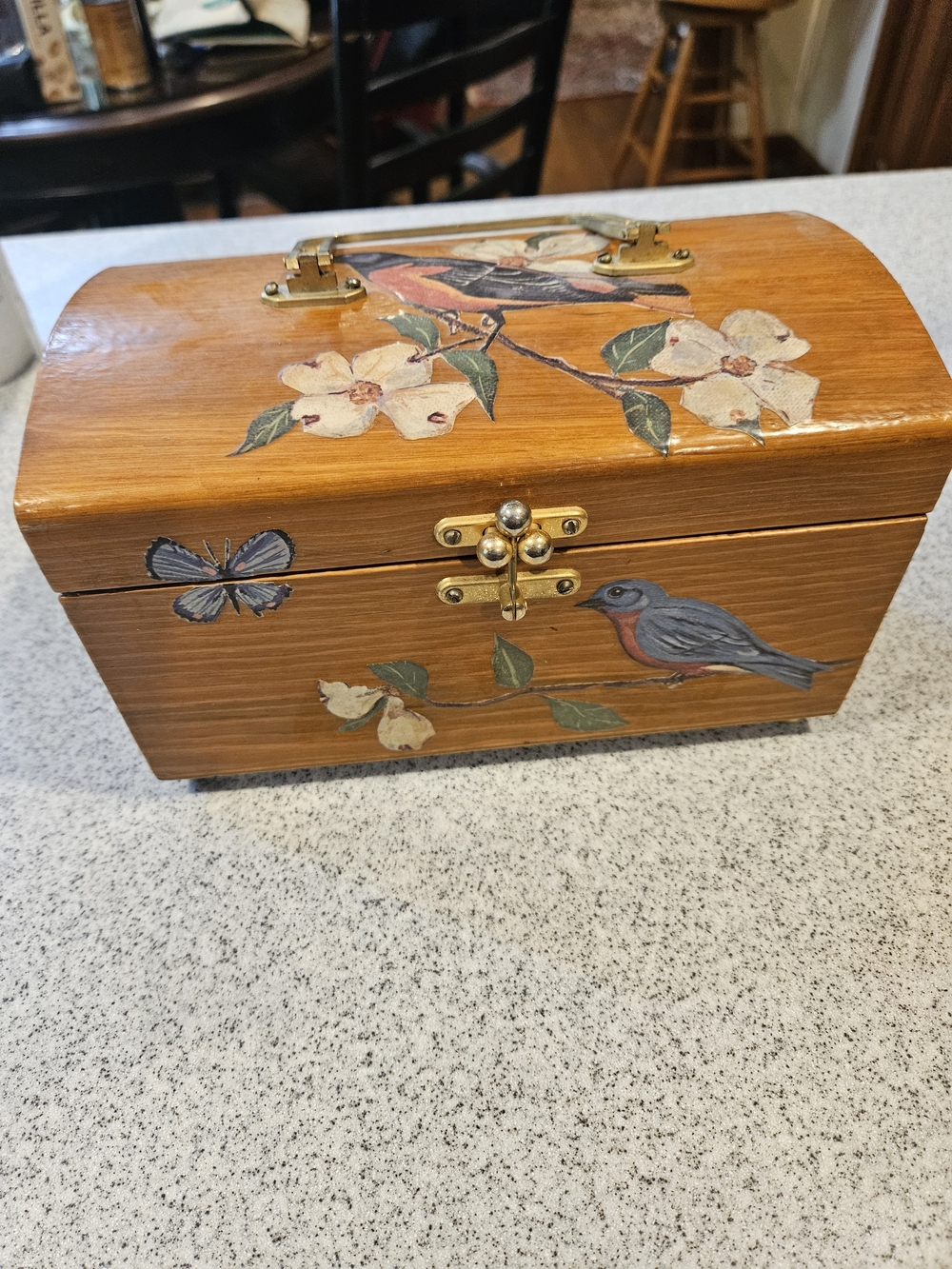 Hand-Painted Wooden Jewelry Box with Bird & Floral Design - Natural Wood